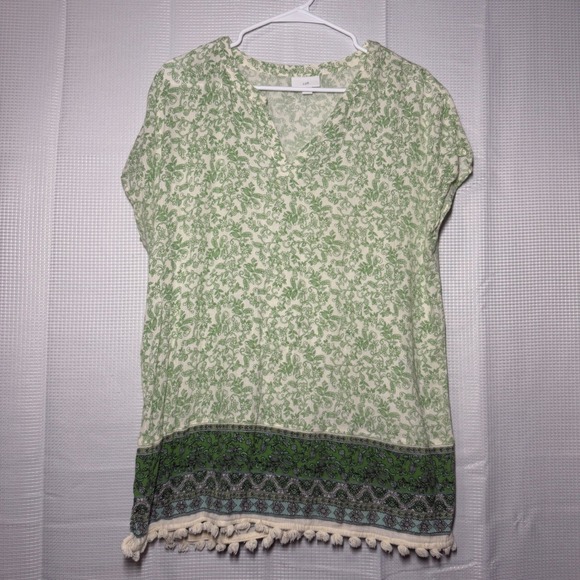 J. Jill Tops - J. Jill Green Floral‎ Paisley Pom Pom Fringe Tunic Top Womens M V-Neck Cotton